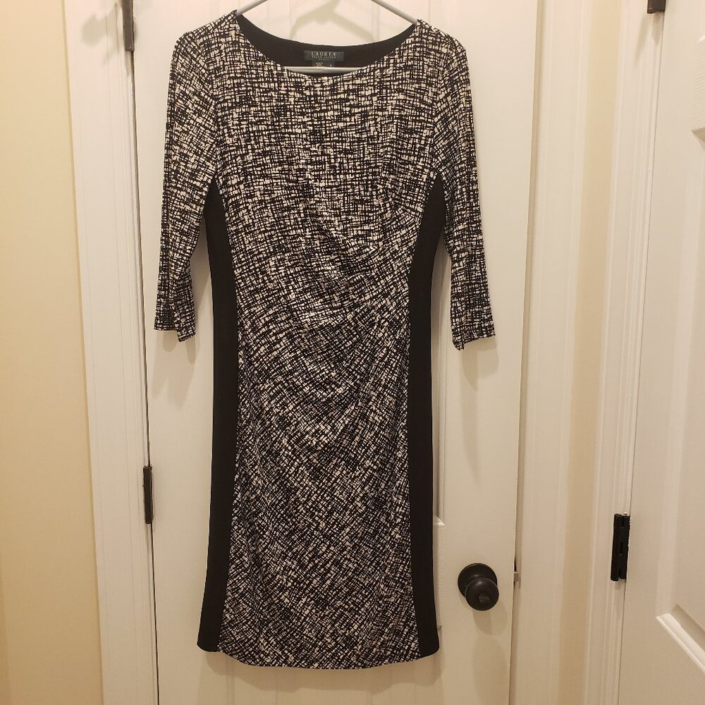 Lauren Ralph Lauren Ruched Waist‎ Stretch Knit Knee Length Dress 3/4 Sleeve Sz 8